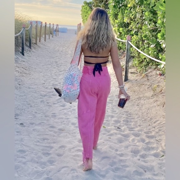 FREE PEOPLE 💕 High Waist Pink Cotton Jogger Beach Pants with Ankle Ties Women XS - Picture 1 of 15